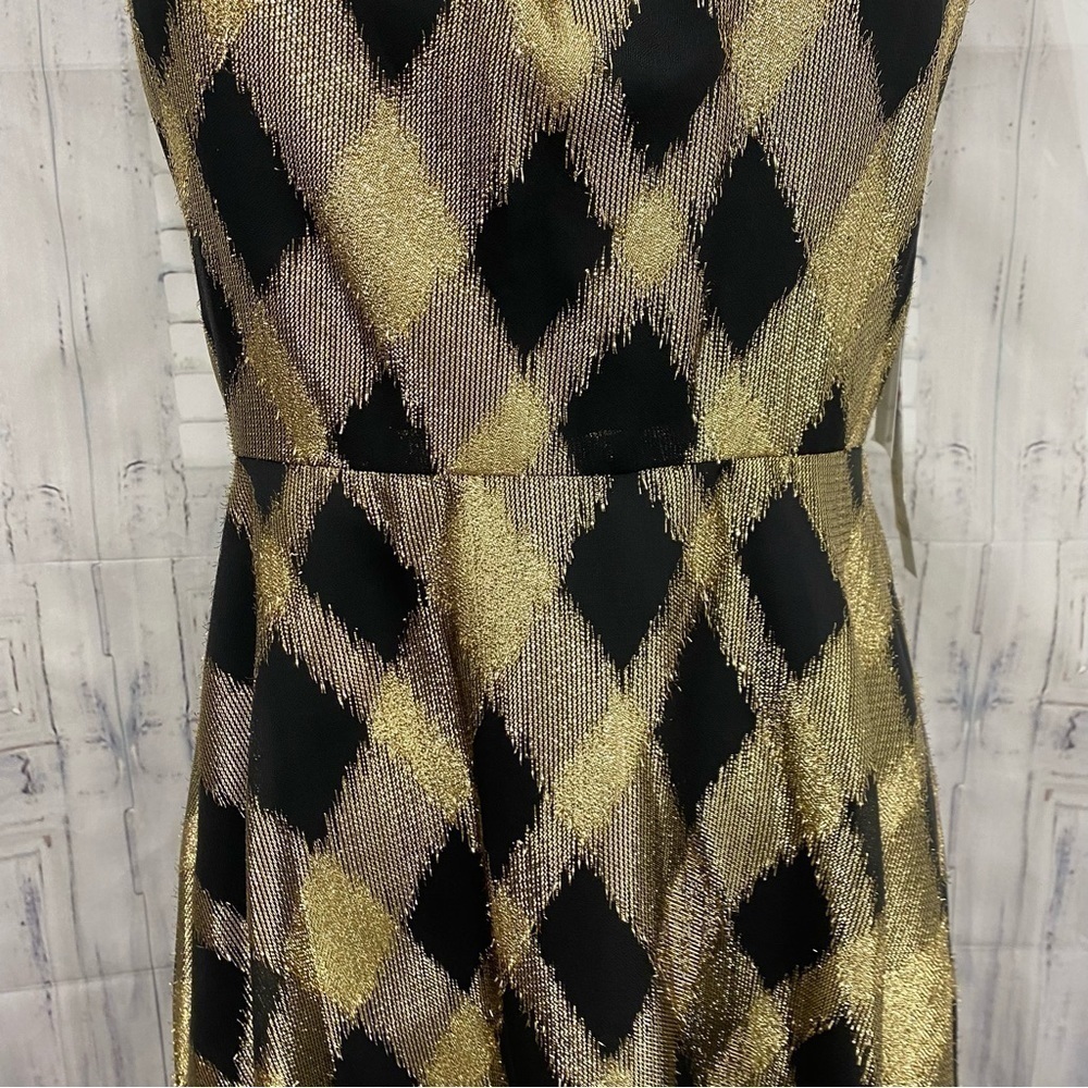 Maggy London Size 4 Metallic Gold Black Plaid Cross Over Halter Dress Fit Flare - Picture 4 of 13